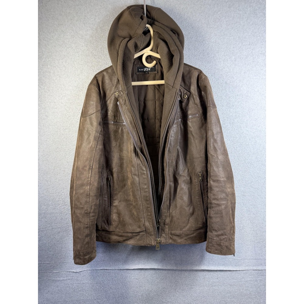 Black Rivet Jacket Mens Large Brown Leather Hooded Motorcycle Full Zip Pockets